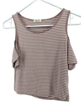 Heart & Hips Tan White Striped Short Sleeve Cold Shoulder Blouse